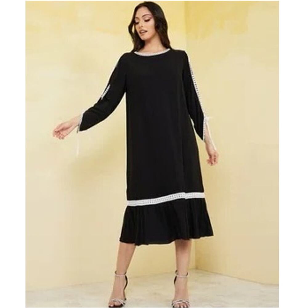 Commense Midi Dress Lightweight Open Sleeve Lace Trim Black Size XS NEW